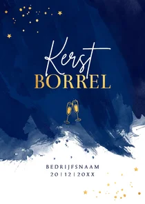 Zakelijke kerstborrel uitnodiging blauw waterverf goudlook