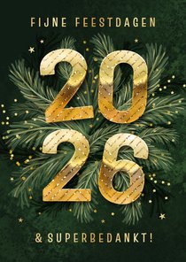 Zakelijke kerstkaart 2026 groen dennentakjes goud bedankt