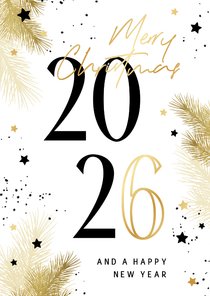 Zakelijke kerstkaart 2026 zwart-wit met takjes en sterren