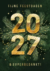 Zakelijke kerstkaart 2027 groen dennentakjes goud bedankt
