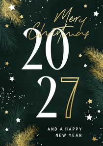 Zakelijke kerstkaart 2027 met kersttakjes en gouden sterren