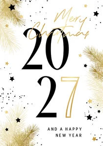 Zakelijke kerstkaart 2027 zwart-wit met takjes en sterren