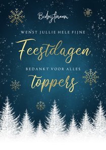 Zakelijke kerstkaart bomen, gouden typografie, sneeuwvlokken