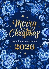 Zakelijke kerstkaart delfts blauw stijlvol bloemen goud 2026