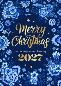 Zakelijke kerstkaart delfts blauw stijlvol bloemen goud 2027