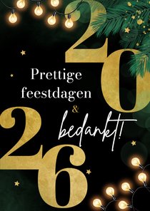 Zakelijke kerstkaart dennentakjes goud sterren 2026