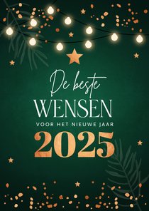 Zakelijke kerstkaart groen lampjes 2025 koperlook