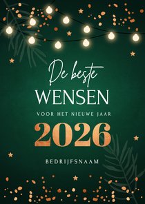 Zakelijke kerstkaart groen lampjes 2026 koperlook