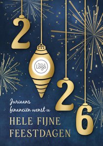 Zakelijke kerstkaart met 2026 kerstballen vuurwerk en logo