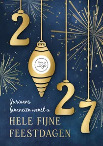 Zakelijke kerstkaart met 2027 kerstballen vuurwerk en logo
