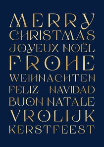 Zakelijke kerstkaart met verschillende talen blauw en goud