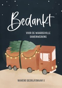 Zakelijke kerstkaart met vrachtwagen en lichtjes in donker