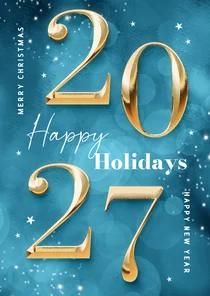 Zakelijke kerstkaart nieuwjaar 2027 goud blauw sprankelend