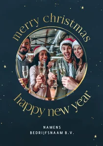 Zakelijke kerstkaart speelse tekst met foto goudfolie