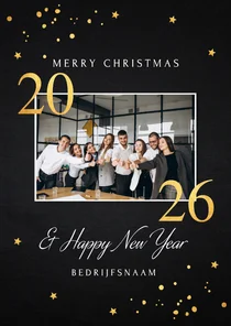 Zakelijke kerstkaart zwart foto goudlook jaartal 2026