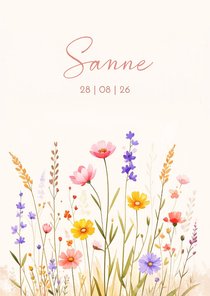 Zomers geboortekaartje met gemengde bloemen aquarel