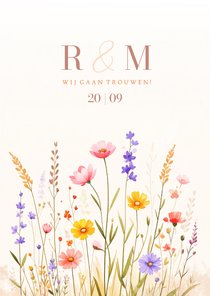 Zomerse uitnodiging bruiloft met gemengde bloemen aquarel