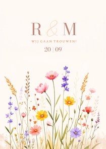 Zomerse uitnodiging bruiloft met gemengde bloemen aquarel