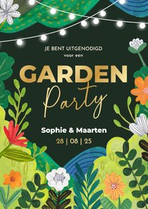 Zomerse uitnodiging tuinfeest met bloemen en lampionnetjes