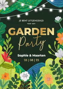 Zomerse uitnodiging tuinfeest met bloemen en lampionnetjes