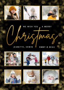 Zwarte fotocollage kerstkaart met goudlook merry christmas
