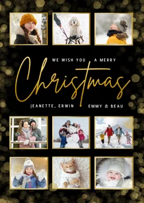 Zwarte fotocollage kerstkaart met goudlook merry christmas
