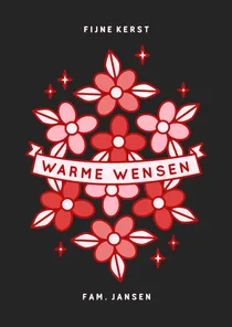 Zwarte kerstkaart met rode bloemen en sterretjes