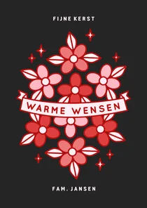 Zwarte kerstkaart met rode bloemen en sterretjes