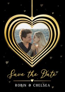 Zwarte Save the Date en kerstkaart in één met gouden hart