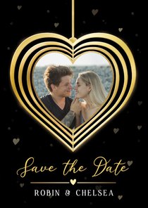 Zwarte Save the Date en kerstkaart in één met gouden hart