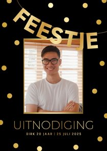 Zwarte uitnodiging feestje met foto en gouden confetti