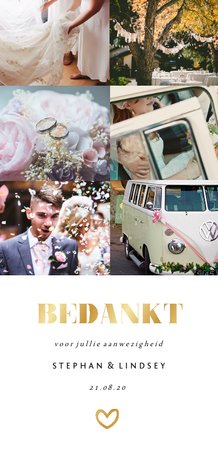 Bedankkaart lang met fotocollage en gouden accenten