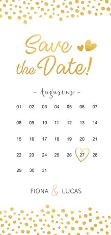 Langwerpige Save the Date kaart kalender met gouden hartjes