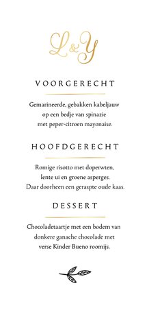 Menukaart bruiloft klassiek bloemen goud hartjes