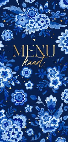 Menukaart Delfts blauw donker bloemen romantisch