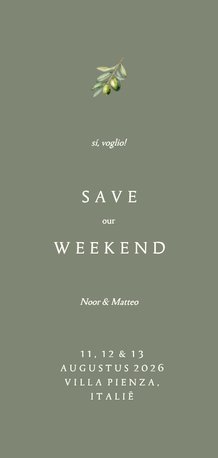 Minimalistische save the date groen met olijftakje