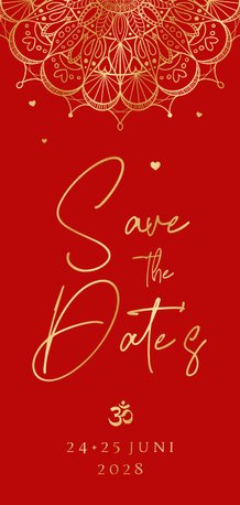 Save the date kaart rood mandala hartjes Hindoestaans goud