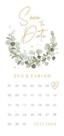 Save the date kalender eucalyptus stijlvol hartjes klassiek