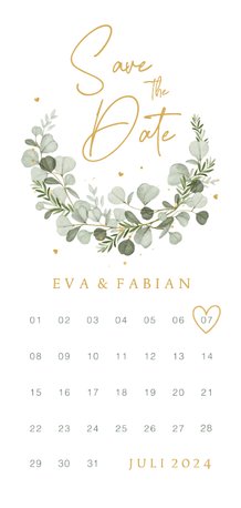 Save the date kalender eucalyptus stijlvol hartjes klassiek