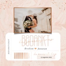 Bedankkaartje voor huwelijk met foto roze marmer ticket