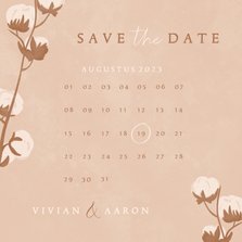 Beige save the date kaart met katoentakje en kalender
