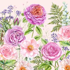 Bloemenkaart botanische rozen en bladeren