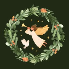 Christelijke kerstkaart engel witte duif krans illustratie