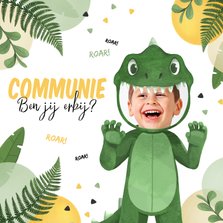 Communie uitnodiging dinosaurus kostuum stoer jungle