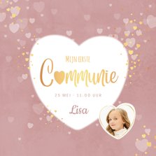 Communie uitnodiging meisje roze hartjes en foto
