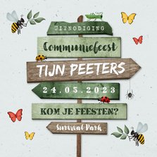 Communiefeest uitnodiging wegwijzers tuinfeest insecten