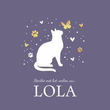 Condoleancekaart met kat, vlinder, hartjes en voetstapjes