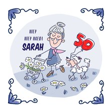 Defts blauw tegeltje 50 jaar met Sarah