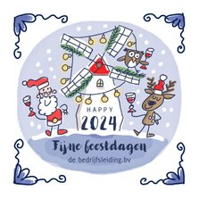 Delfts blauw kerstkaartje met kerstman rendier en molen