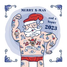 Delftsblauwe kerstkaart met tatoeage kerstman